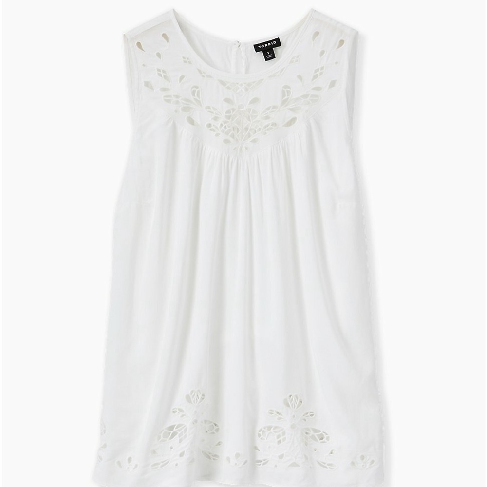 Torrid Eyelet Challis Babydoll Top Flowy‎ Hemline High Neck White